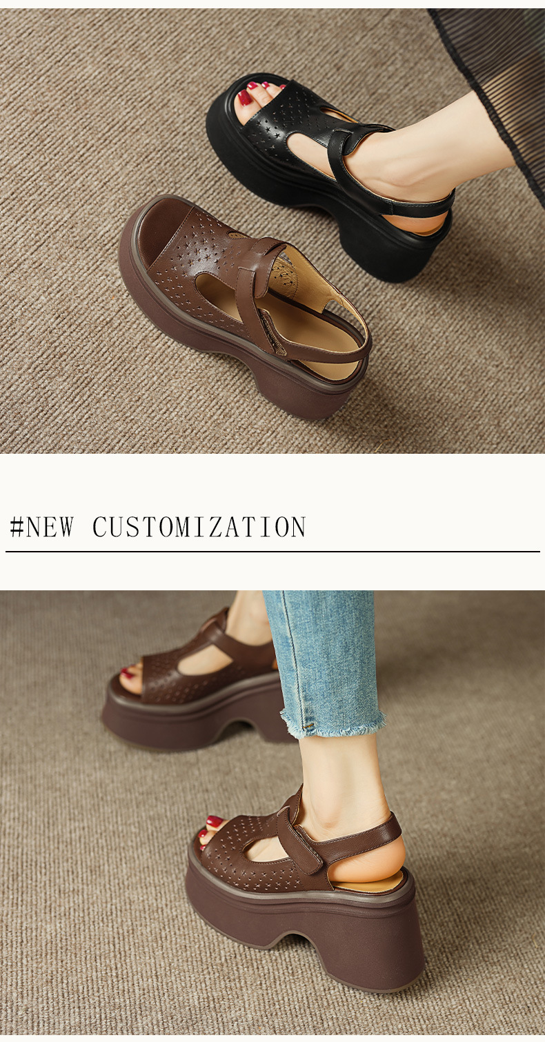 Sandal cao gót nữ đế xuồng mũi hở quai Velcro — Màu nâu, Màu đen chi tiết 3
