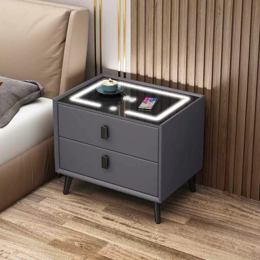 Mesa de cabecera inteligente transfronteriza moderna y simple carga inalámbrica con audio LED multifuncional gabinete de cabecera de dormitorio residencial