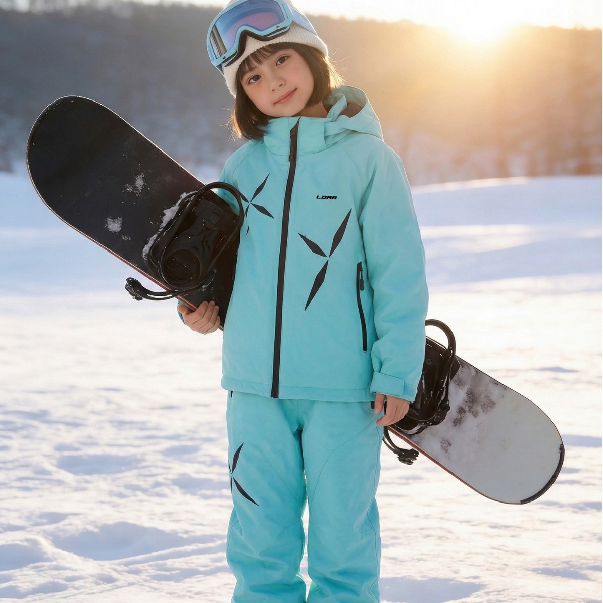 Ldab Starburst Green Children's Ski Suit Set for Boys and Girls, Outdoor Warm Windproof and Waterproof Snow Gear for Single and Double Boarding