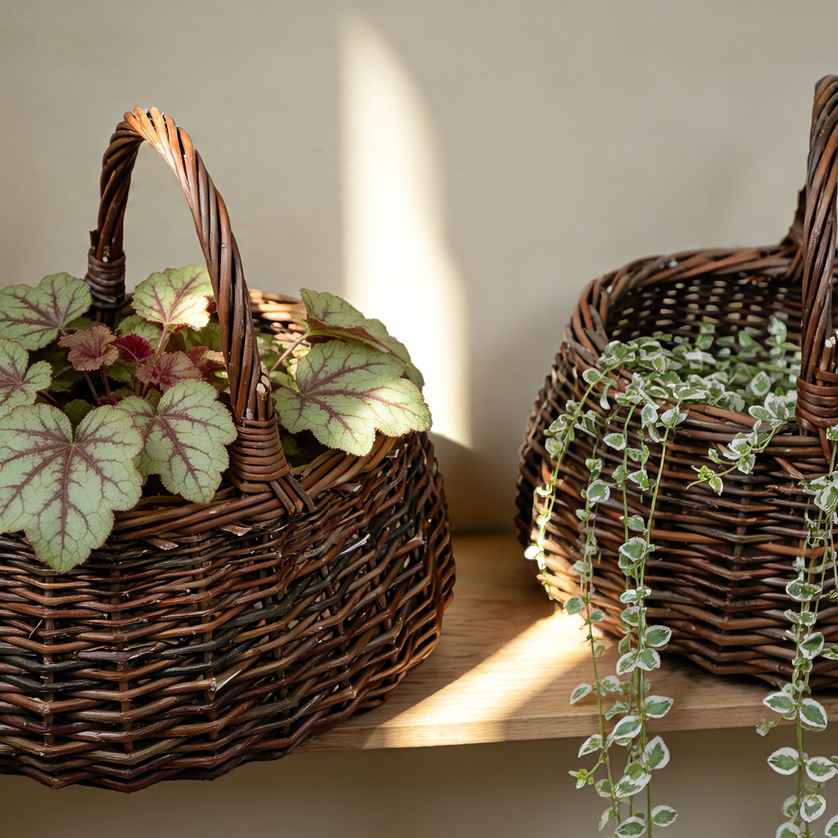 Cestas de mimbre para flores, cestas tejidas a mano, arreglos florales, decoraciones con plantas verdes, recipientes decorativos para flores, macetas rústicas hechas a mano con mimbre y paja.