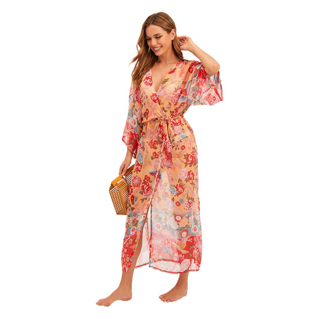 Blusa DE LA PLAYA gasa impresa vacaciones Playa Sol protección camisa bikini encubrimiento protector solar cardigan traje de baño femenino XF34