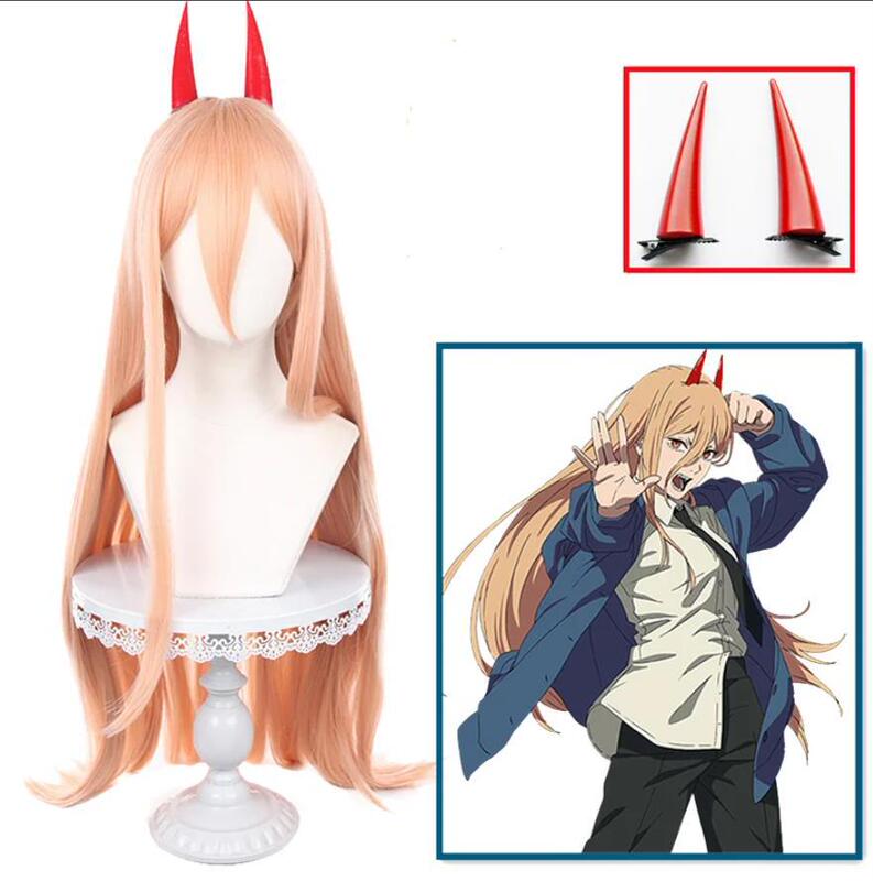 Chainsaw Man Pawa Chainsaw Man Power Cos Wig Pink Orange Long Bangs Pawa Horn