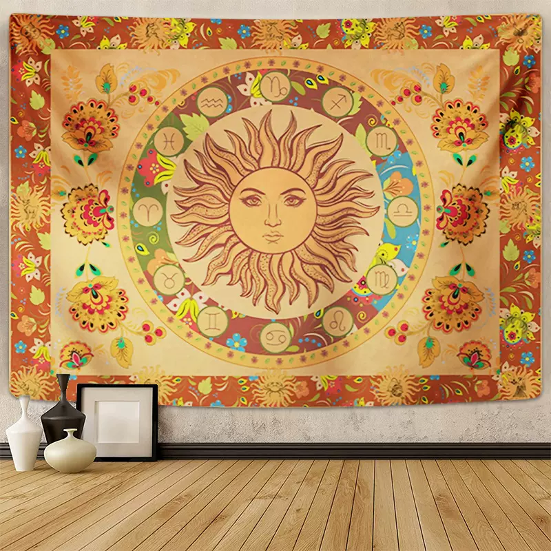 跨境爆款太阳月亮黄色挂毯波西米亚向日葵蝴蝶蛾星座美学挂布工厂