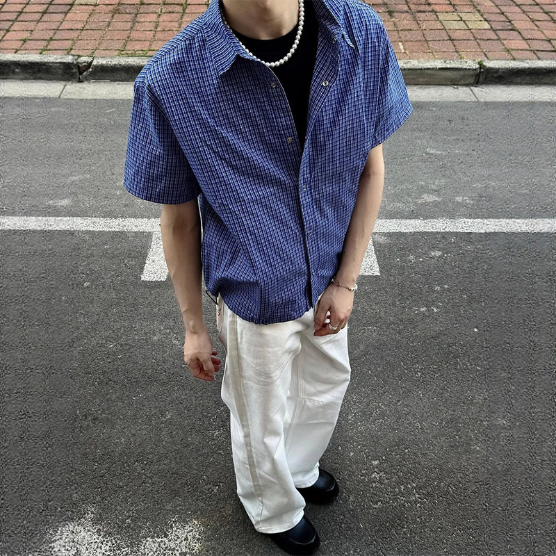 American Blue Plaid Short-Sleeved Shirt Men's Summer High-End Drawstring Plaid Shirt Old Money Style Half-Sleeved Jacket