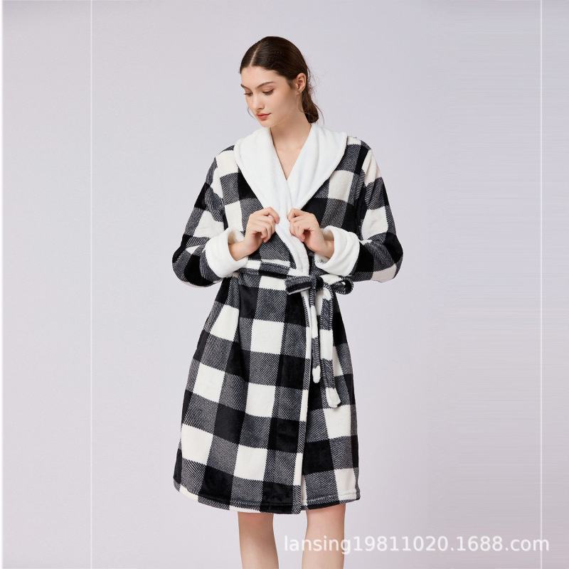 Cross-Border Supply Autumn and Winter Printed Plaid Women's High-End Flannel Bathrobe Couple's Bathrobe Available in Plus Size Cross-Border Supply Autumn and Winter Printed Plaid Women's High-End Flannel Bathrobe Couple's Bathrobe Available in Plus Size