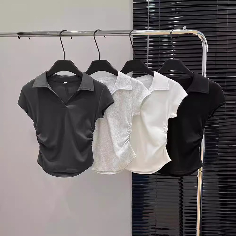 Design Sense Tight Waist Polo Collar Shoulder Short-sleeved Women's Top Summer American Style Hot Girl V-neck Slim Fit Pleated Grey T-shirt