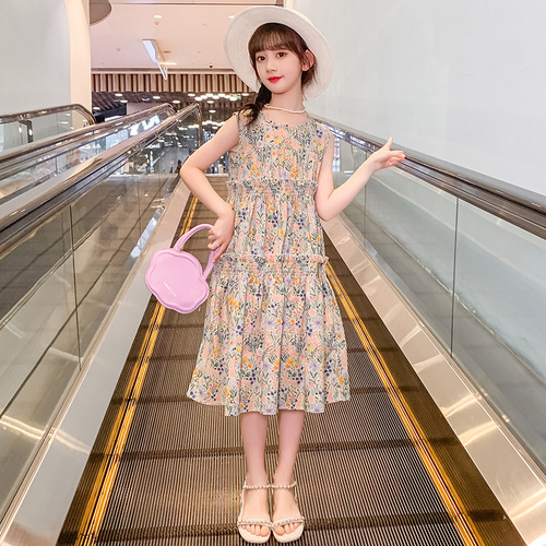 Girls Summer Cotton Sleeveless Dress Pure Cotton Floral Tank Top Forest Suspension Vacation Summer Travel Trend