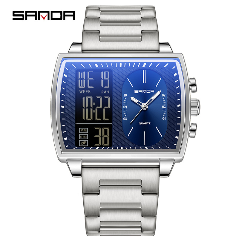 SANDA SANDA 6163 nuevo reloj electrónico de moda doble pantalla multifuncional reloj de hombre impermeable calendario de luz nocturna reloj de hombre