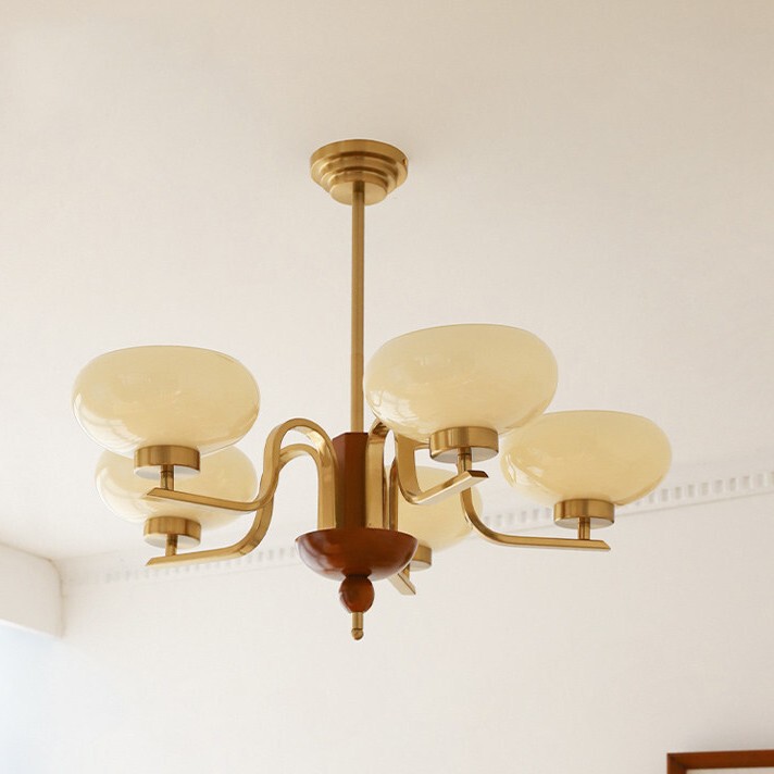Medieval Teak Wood Chandelier with 5 Lights, Modern American Retro French Style for Study, Living Room, Bedroom, Dining Room, Milk Glass