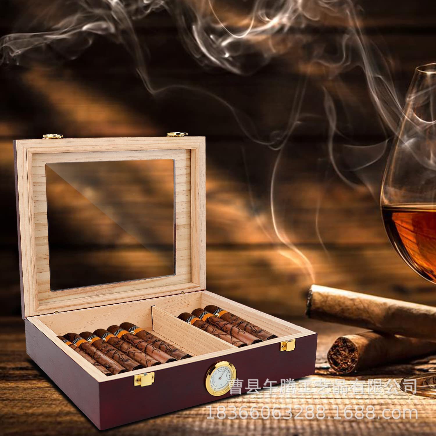 Spot Cross-Border Wooden Cigar Box Wooden Cigar Box with Lid Constant Temperature Moisturizing Box Transparent Glass Display Snow E18