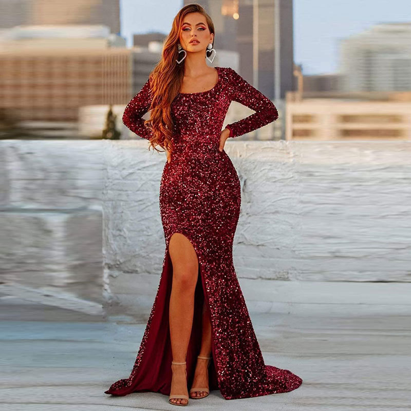 Evening Dress Women Velvet Sequin Fishtail Slit Elegant Gown_voghion.com