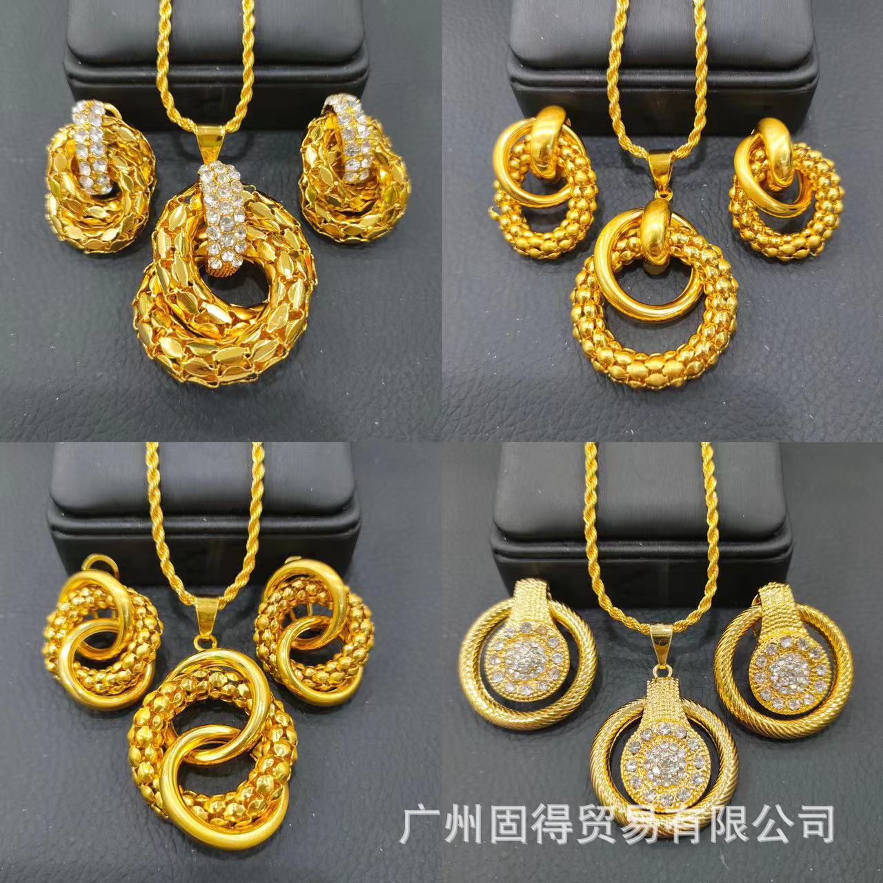 24K oro Cadena de maíz completo diamante pendientes collar de dos piezas conjunto Dubai India África Nepal traje de joyería al por mayor