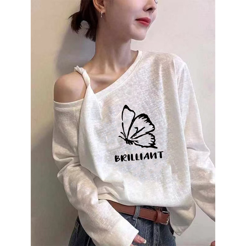 White Butterfly English Print Western Style Slant Collar T-Shirt for Women Early Autumn New Loose Slimming Look Beautiful Long-Sleeved Top Trendy White Butterfly English Print Western Style Slant Collar T-Shirt for Women Early Autumn New Loose Slimming Look Beautiful Long-Sleeved Top Trendy