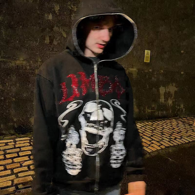 2025 Amazon European and American Cross-Border Skull Hot Diamond American Retro Sweatshirt Jacket for Men and Women Long Zipper Hooded Loose