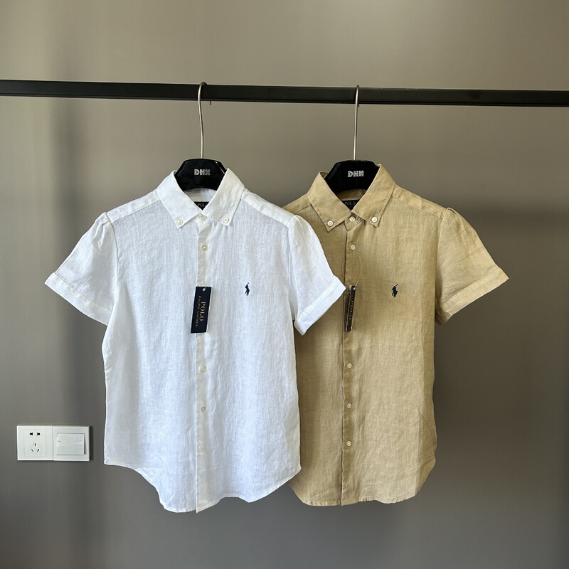 High-Quality Rl Ralph Pony Logo Embroidered Shirt Linen Short-Sleeved Shirt for Women 2025 New Casual Versatile