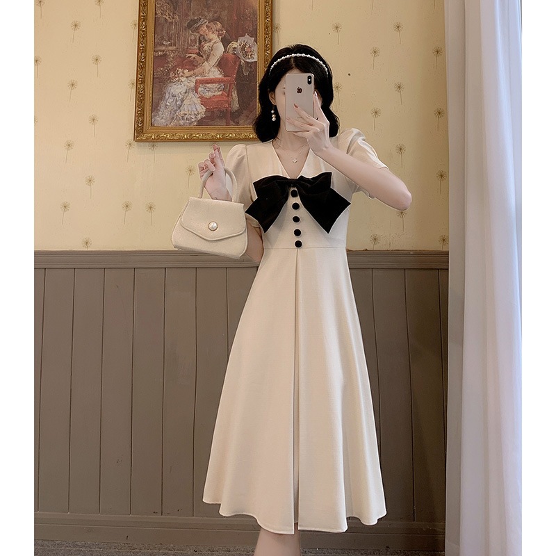 法式赫本风蝴蝶结白色连衣裙女2023年夏季新款气质修身显瘦中长裙