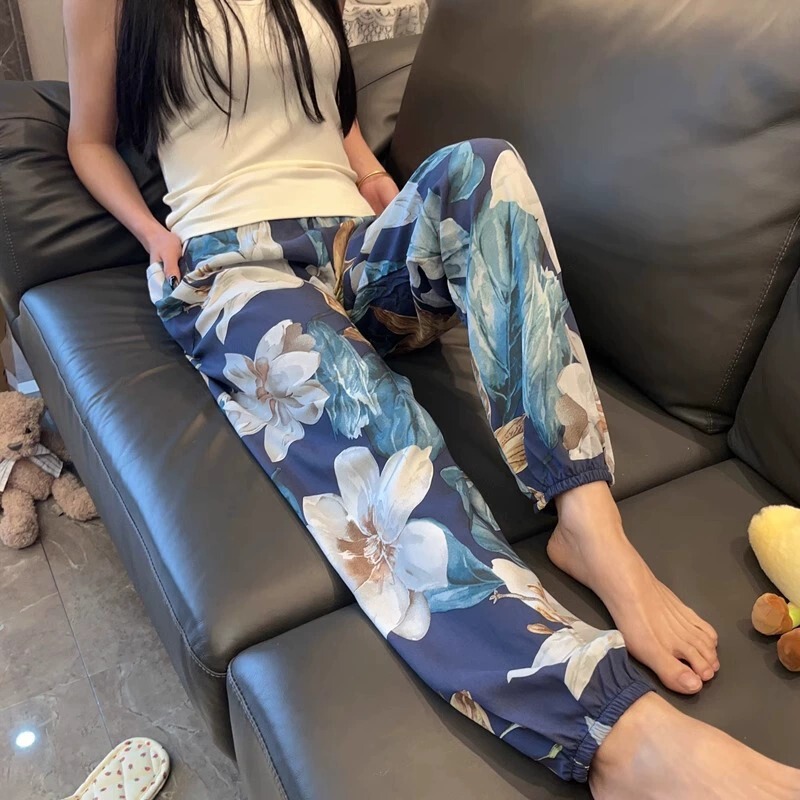 棉绸睡裤女士夏季薄款大码人造绵绸可外穿家居碎花长裤子直筒宽松|undefined