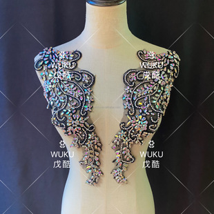 E-cool black bottom AB diamond applique 16X39cm handmade beaded wedding dress decorative lace pair of flowers LA-251
