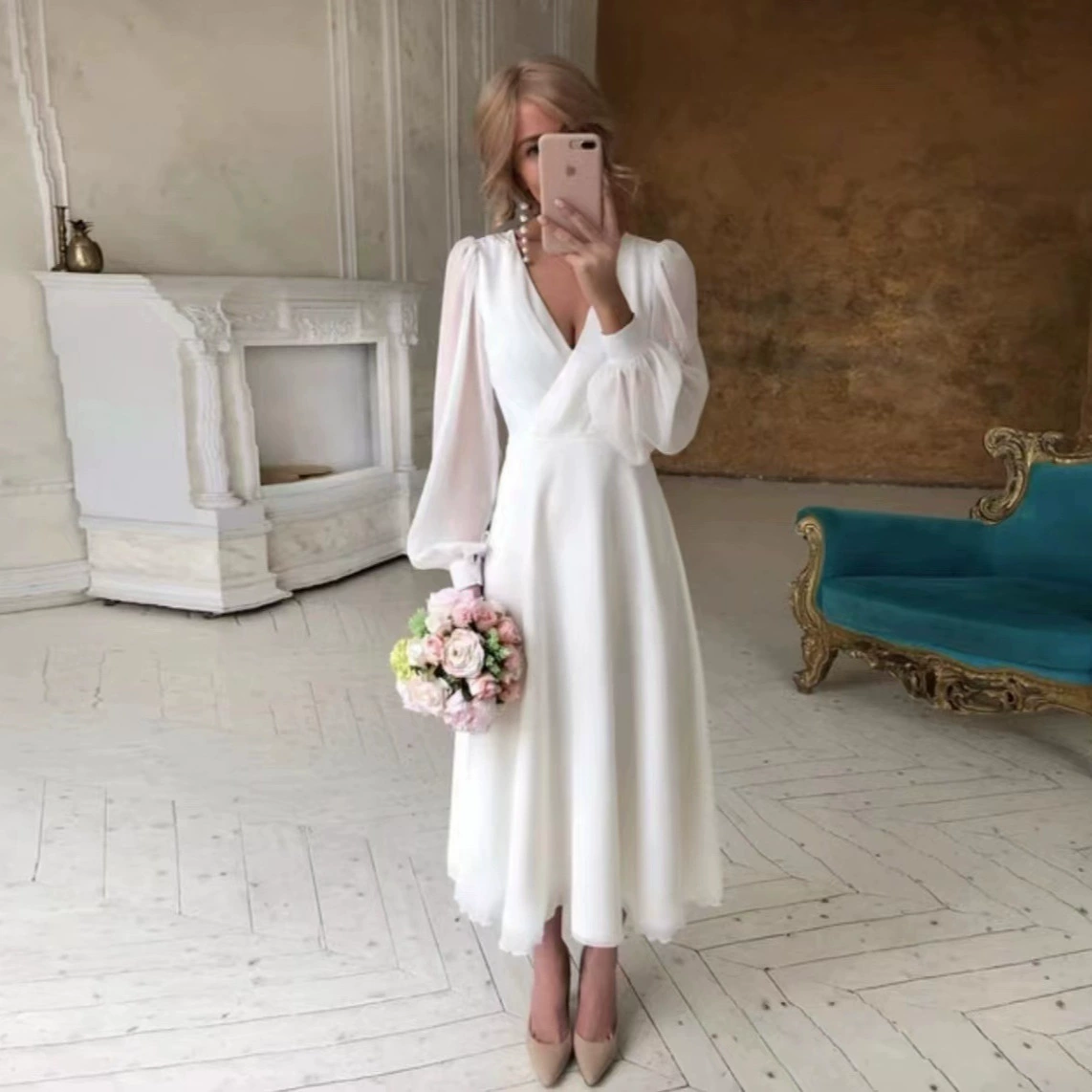 Новинка 2025: Зимнее свадебное платье для фотосессий, с длинным рукавом, в стиле «супер-фея», простое белое вечернее платье. Поставка с eBay.