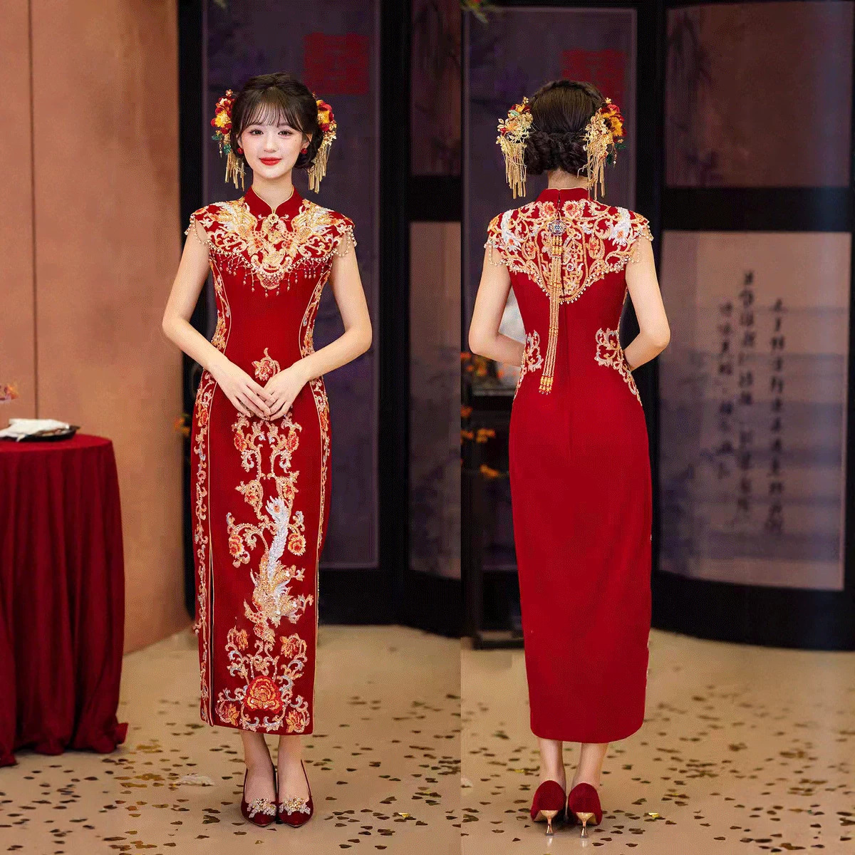 New Chinese-Style Red Qipao Wedding Dress for Petite Brides 2026, High-End Engagement Dress, Wedding Attire
