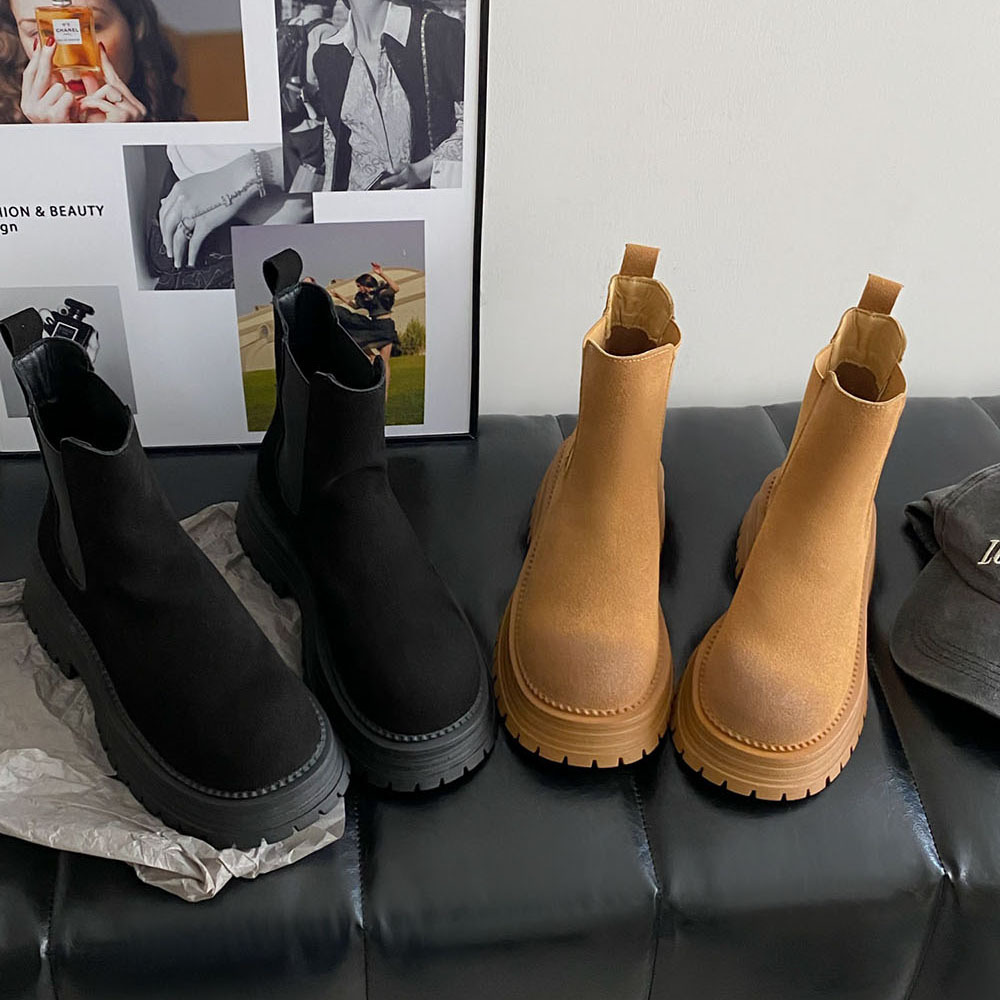 Retro all-in-one platform booties Women's new ankle boots with thick heel elastic sanded leather boots_voghion.com