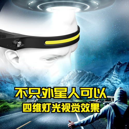 Cross-border new wave-sensor COB headlight, outdoor cycling light, USB charging night running light, LED strong light headlight