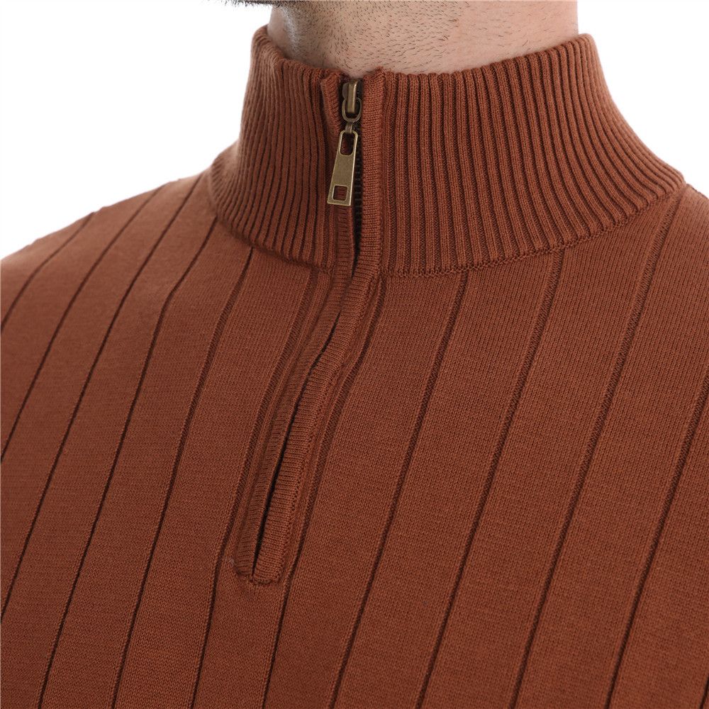 Stand up collar cotton casual half zipper solid color pullover high-quality men's knitted sweater_voghion.com