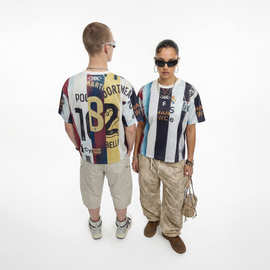 捷展男装|拼接数码印球服2026春夏新品复古宽松透气运动短袖T恤