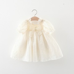 Children's dress, short-sleeve summer dress for girls, baby soft lace butterfly knot princess dress, children's summer clothing