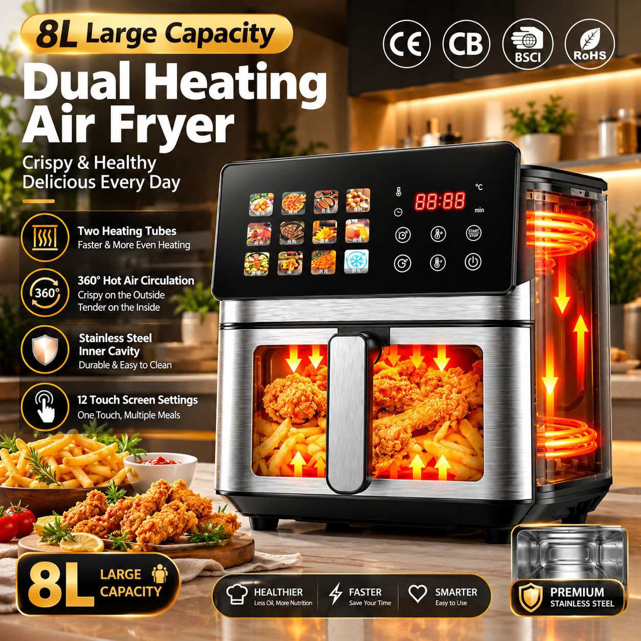 2026新款家用空气炸锅上下加热可视智能触控跨境电炸锅airfryer