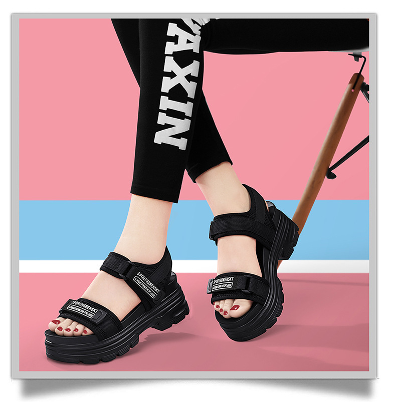 Giày sandal thể thao da thật đế dày nữ gót 4cm quai chữ V khóa dán — JST 1609 cao gót xanh đen 4cm, Đen trắng 2001 LJ, JST 1611 cao gót xanh đen 4cm, 2206 ML màu đen chi tiết 7