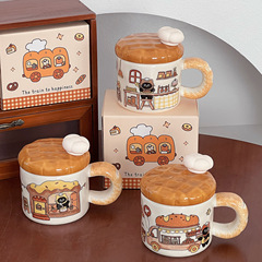 パン子猫漫画誕生日セラミックマグかわいいコーヒーカップ蓋付き誕生日プレゼントお土産ドリンクカップ