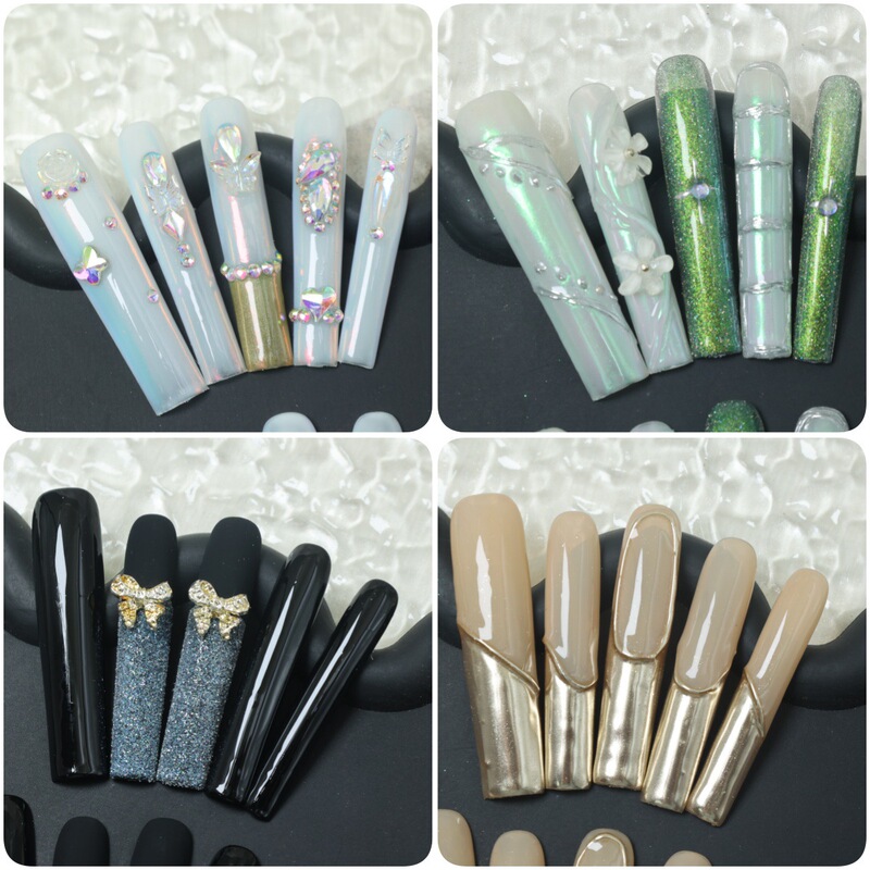 【Cross-Border Wearable Nails】Internet Celebrity Hot-Selling Mini New Japanese-Style Gold-Stamped Black and White French Acrylic Nail Decorations