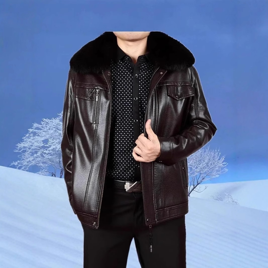 高档正品海宁皮衣男加绒加厚中老年海宁皮夹克春秋爸爸装