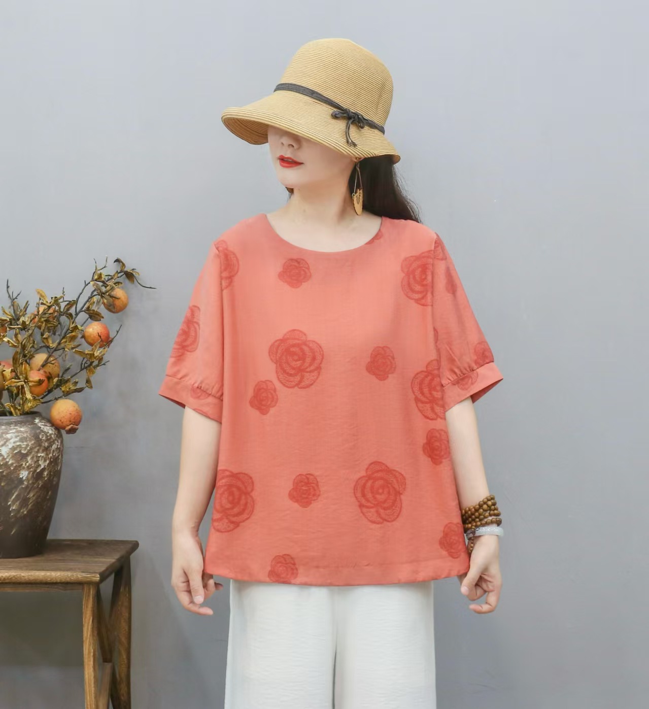 Cross-border nueva camiseta de mujer china impresa camiseta de mujer de manga corta camiseta base de verano overhead cuello redondo artístico ocio image 13