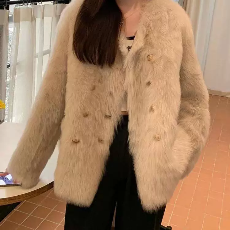 Куртка из imitation fox fur 2025 - толстая, свободного кроя осень/зима, чёрный/белый/рисовый серый/хаки, размеры S/M/L