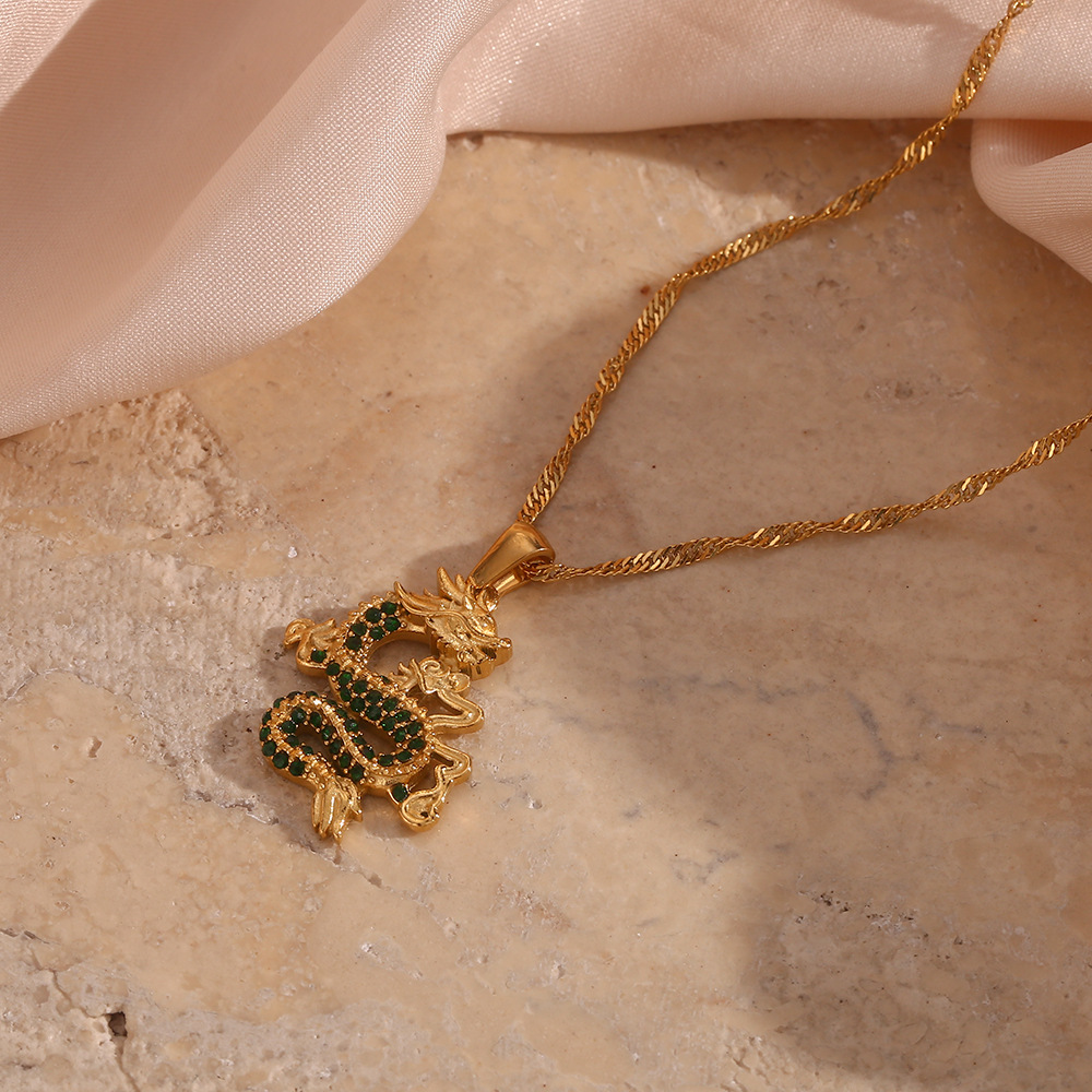 Fashion Dragon Stainless Steel Pendant Necklace Plating Inlay Zircon Stainless Steel Necklaces_colorza_5