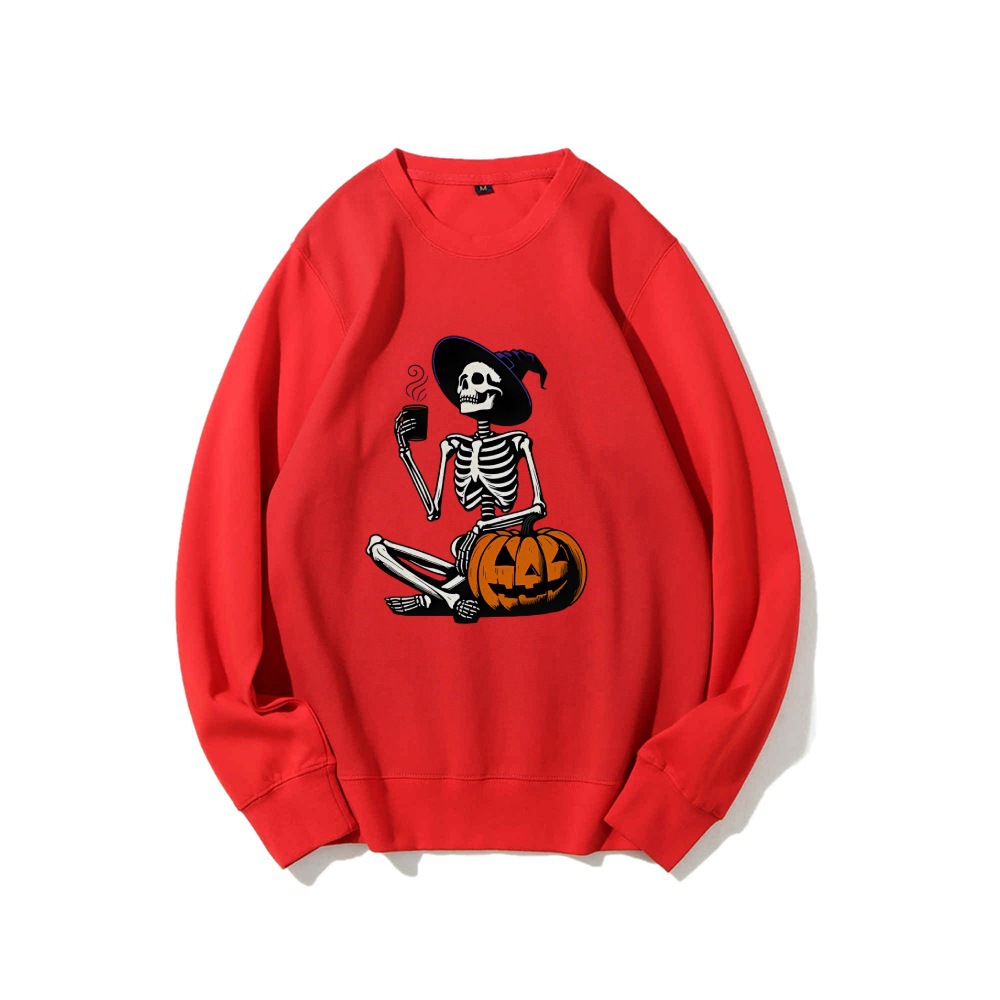 Skeleton Pumpkin Halloween Long Sleeve Top Retro Fall Coffee