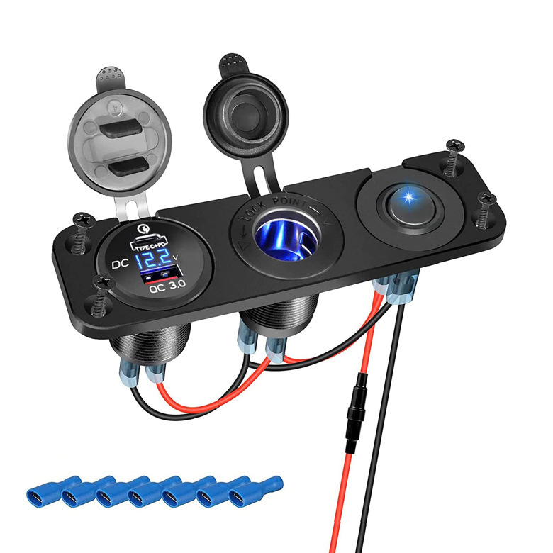 三合一usb車充type-c + pdブルースクリーンデジタル電圧計シガレット車載スイッチセット55w|undefined
