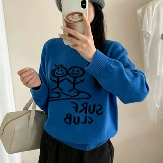 韩系减龄圆领印花全羊毛毛衣女秋季2026新款宽松慵懒风针织衫上衣
