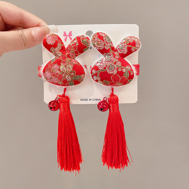 2023 niñas lindo conejo horquilla borla horquilla BB clip accesorios para el cabello rojo Año Nuevo lado clip accesorios para el cabello tocado