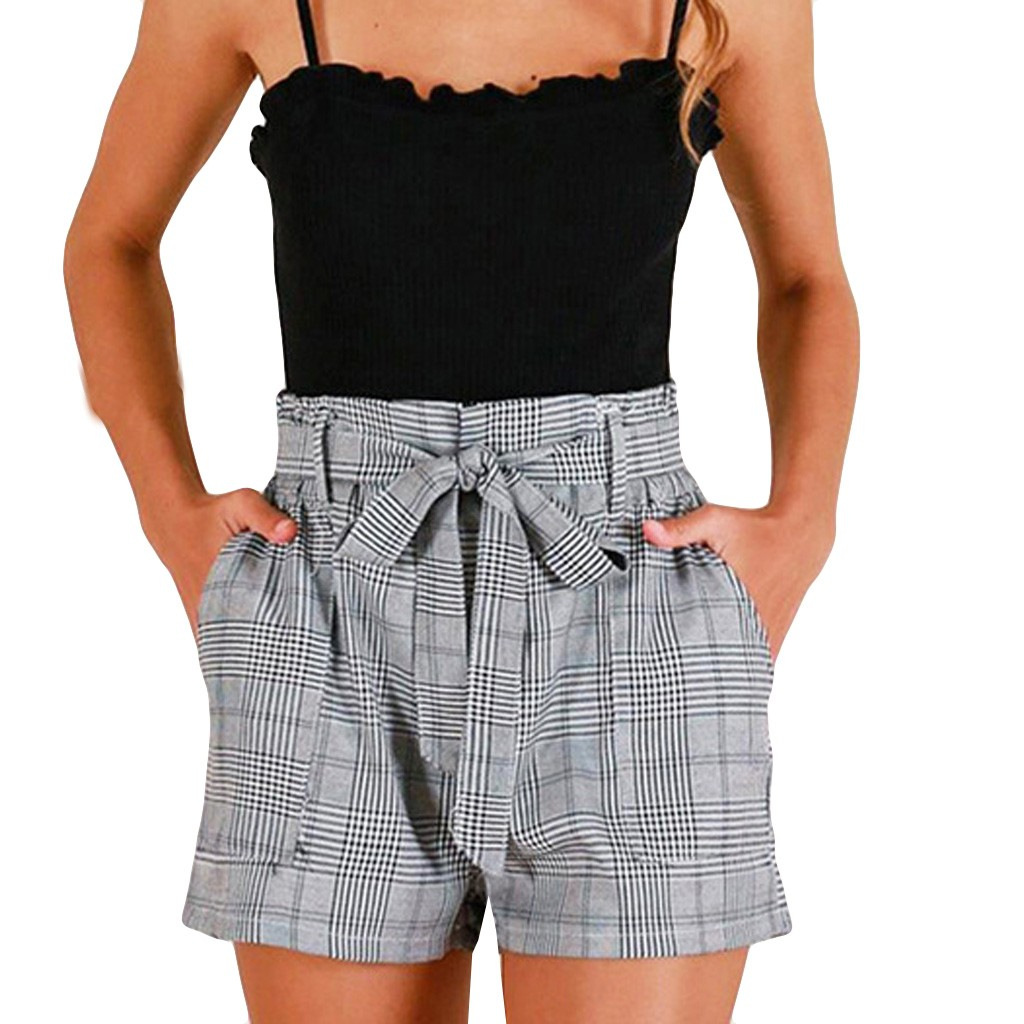 Pantalones Cortos a Cuadros para Mujer de Cáñamo con Cintura Elástica y Bolsillos para Verano