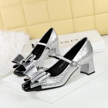 5298-H58 Mary Jane women's shoes mid heel thick heel shallow mouth square toe splicing toe with bow tie single shoe for women
