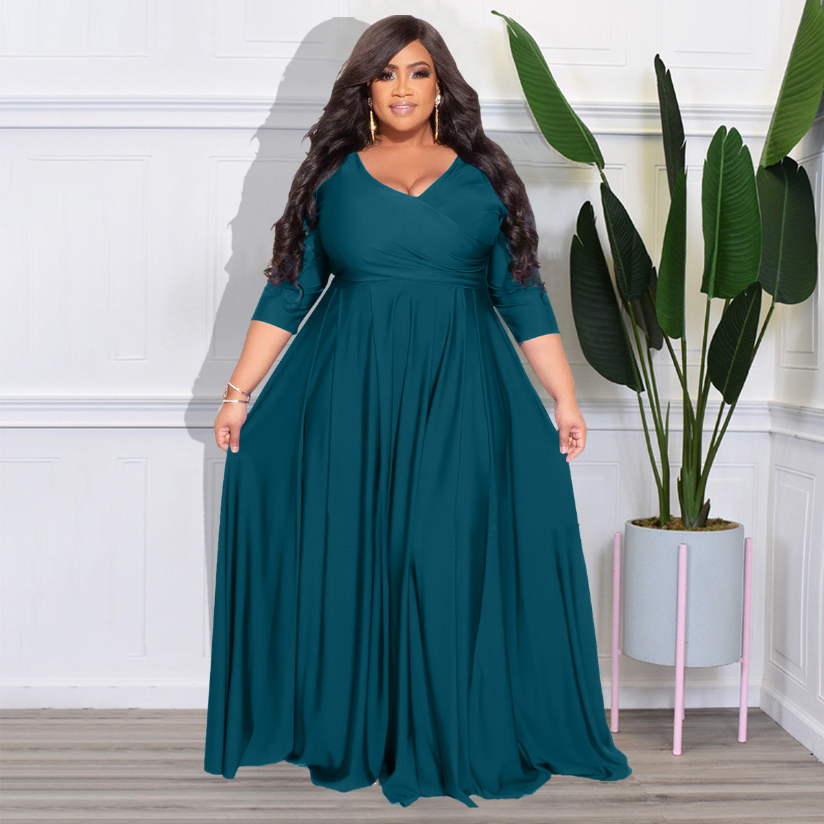 Women's Party Dress Elegant V Neck 3/4 Length Sleeve Solid Color Maxi Long Dress Banquet Evening Party display picture 3