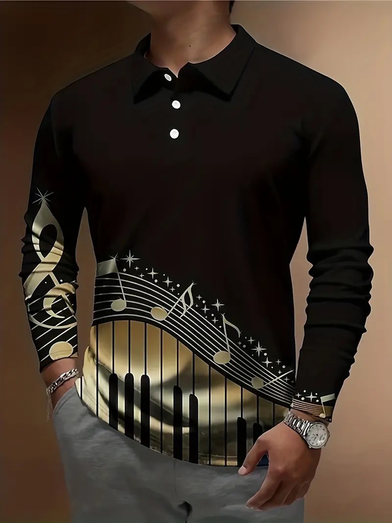 Europa y América venta caliente transfronteriza arte notas coloridas impresión 3D hombres primavera y otoño negocios sueltos botones de manga larga camisa POLO