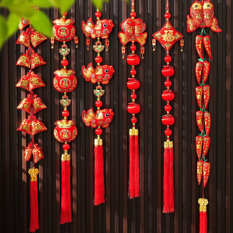 2025新年装饰蛇年春节鞭炮串辣椒串挂件过年福字喜庆挂饰布置用品