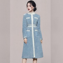 2021冬新款圆领小香风收腰时尚长款蓝色毛毛气质优雅韩版大衣外套
