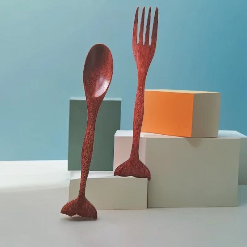Household Wooden Spoon and Fork suit Hand Carving Fishtail Wooden Spoon Wooden Fork Snack Fruit Fork Spoon Eating Spoon Household Wooden Spoon and Fork suit Hand Carving Fishtail Wooden Spoon Wooden Fork Snack Fruit Fork Spoon Eating Spoon