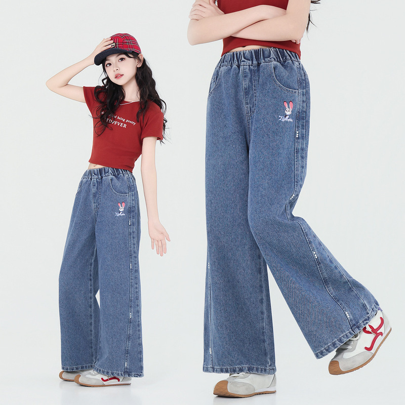 Judy Girls' New Spring and Autumn Straight-Leg Long Pants, Printed Soft Loose Jeans for Girls in Autumn Judy Girls' New Spring and Autumn Straight-Leg Long Pants, Printed Soft Loose Jeans for Girls in Autumn