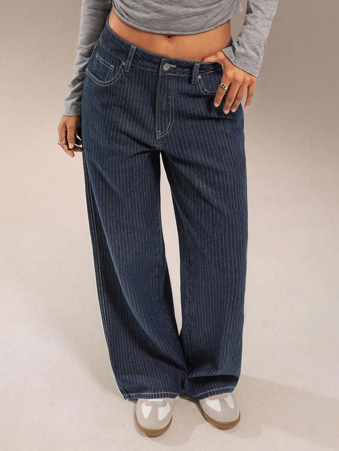 European And American Cross-border Women's Jeans, 2025 Autumn New Style, Blue Striped Casual Straight-le,_ecoleips.com